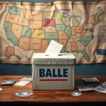 Flick International Weathered ballot box on a wooden table surrounded by campaign materials