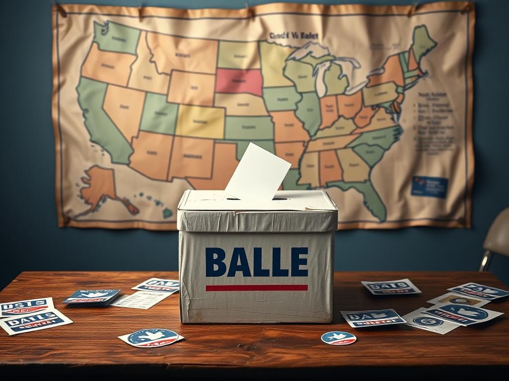 Flick International Weathered ballot box on a wooden table surrounded by campaign materials