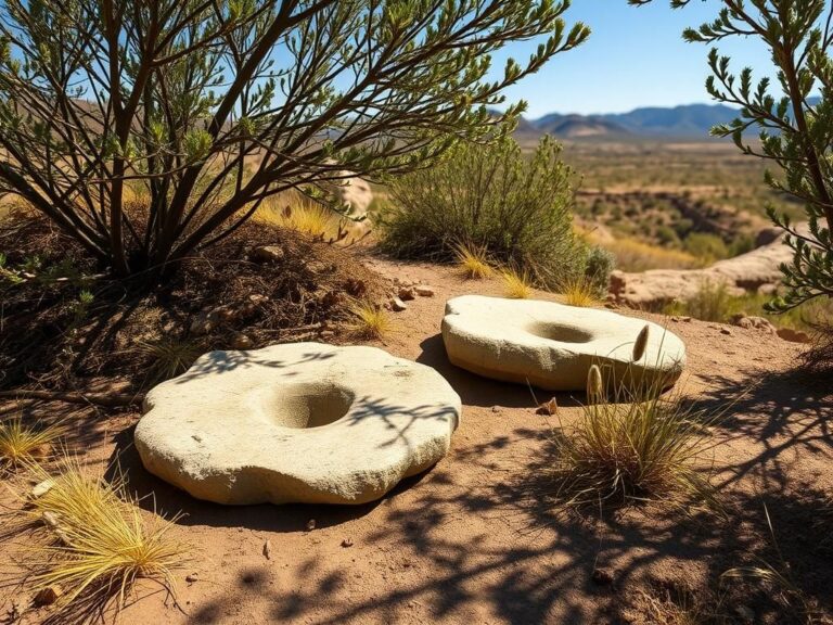 Flick International Ancient stone metates and manos surrounded by wild grasses in the Northern Great Basin