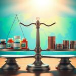 Flick International Large balance scale with pharmaceutical bottles and coins symbolizing drug pricing