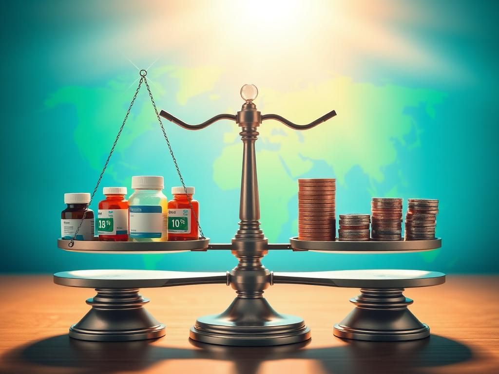 Flick International Large balance scale with pharmaceutical bottles and coins symbolizing drug pricing
