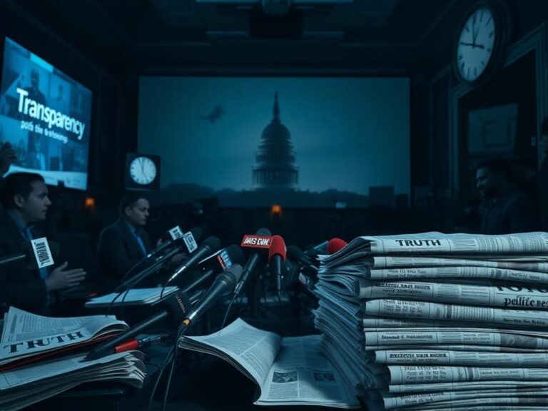 Flick International Chaotic news conference room with shadows and microphones