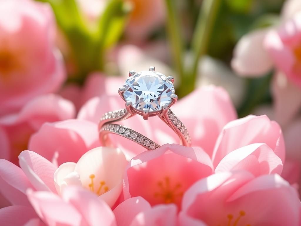 Flick International Close-up of a sparkling engagement ring on a bed of pastel spring flowers.