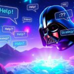 Flick International Large silhouette of Darth Vader's helmet in a digital landscape with interactive holographic elements