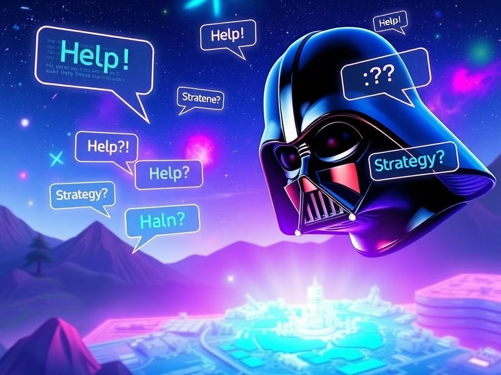 Flick International Large silhouette of Darth Vader's helmet in a digital landscape with interactive holographic elements