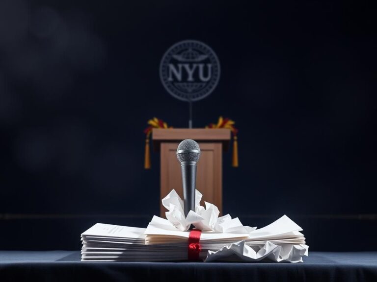 Flick International Graduation stage with empty podium and NYU emblem in the background