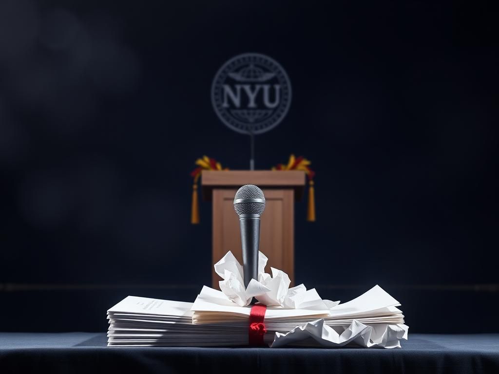 Flick International Graduation stage with empty podium and NYU emblem in the background