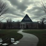 Flick International Haunting landscape of Harvard University showcasing iconic brick buildings under a grey sky