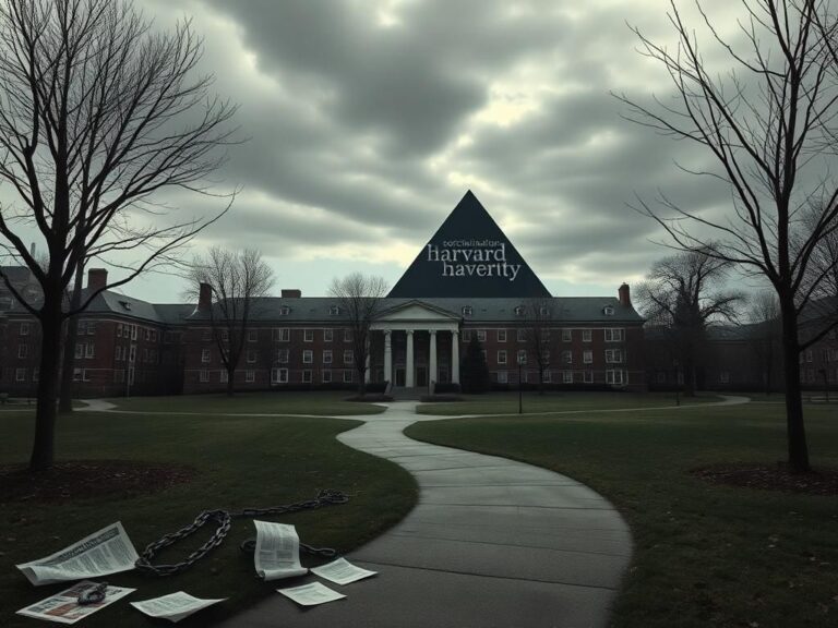 Flick International Haunting landscape of Harvard University showcasing iconic brick buildings under a grey sky