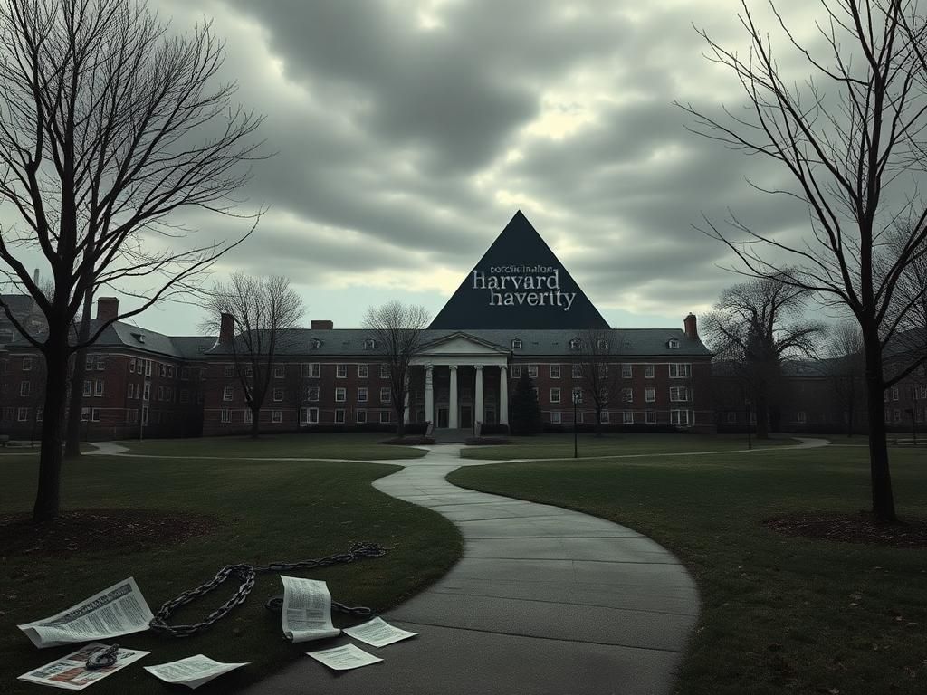 Flick International Haunting landscape of Harvard University showcasing iconic brick buildings under a grey sky