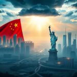 Flick International A vast landscape showcasing a division between China's industrial architecture and American commerce symbols
