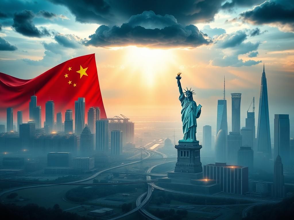 Flick International A vast landscape showcasing a division between China's industrial architecture and American commerce symbols