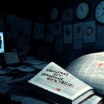 Flick International Dimly lit newsroom with scattered newspapers highlighting political media bias