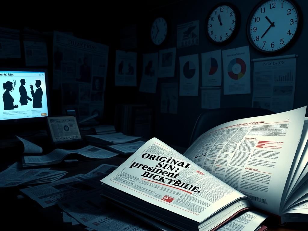Flick International Dimly lit newsroom with scattered newspapers highlighting political media bias