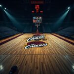 Flick International Empty basketball court at dusk with Cleveland Cavaliers logo