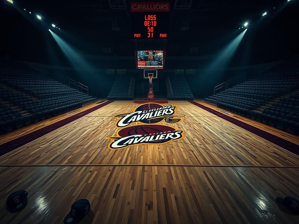 Flick International Empty basketball court at dusk with Cleveland Cavaliers logo