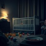 Flick International A serene nursery setting reflecting the emotional struggle of new parenthood with colorful baby toys and a half-empty plate of barbecue food.