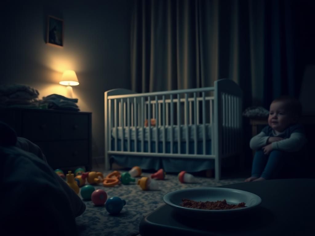 Flick International A serene nursery setting reflecting the emotional struggle of new parenthood with colorful baby toys and a half-empty plate of barbecue food.