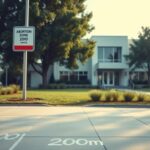 Flick International Exterior view of a modern abortion clinic with a buffer zone warning signpost
