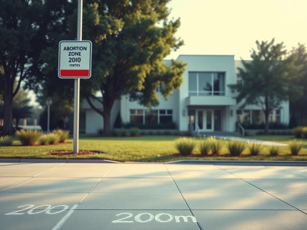 Flick International Exterior view of a modern abortion clinic with a buffer zone warning signpost