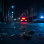 Flick International Abandoned handcuffs on the ground in a dark urban parking lot