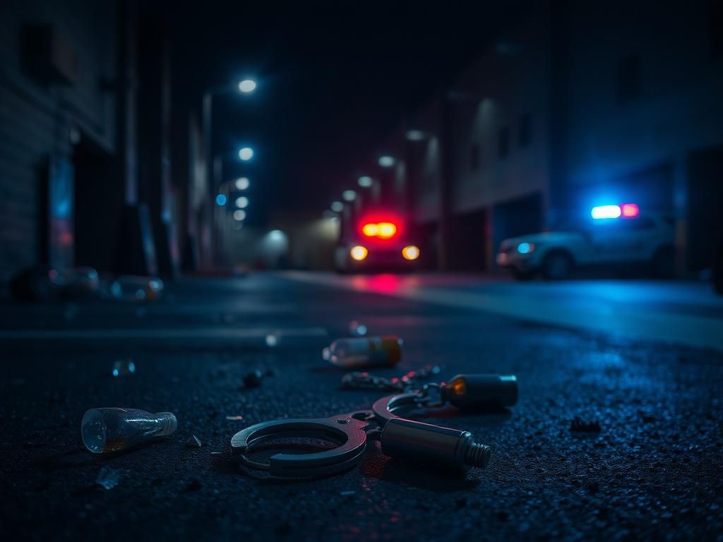 Flick International Abandoned handcuffs on the ground in a dark urban parking lot