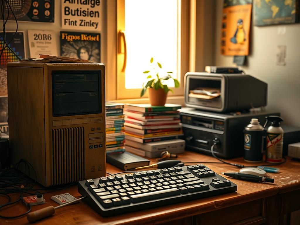 Flick International Cozy workspace with an old computer tower and Linux manuals