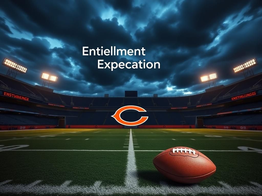 Flick International A dramatic empty football stadium at dusk with the Chicago Bears' logo on the field