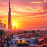 Flick International Panoramic view of a modern Middle Eastern skyline with iconic skyscrapers