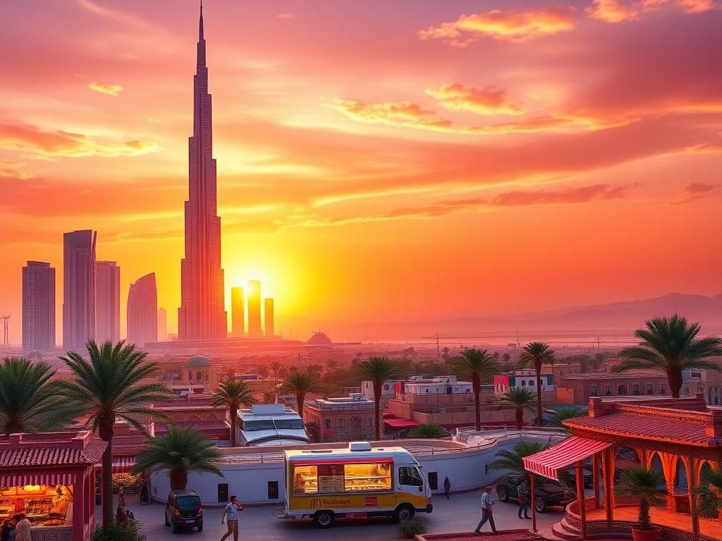 Flick International Panoramic view of a modern Middle Eastern skyline with iconic skyscrapers