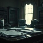 Flick International A dimly lit presidential office illustrating health scrutiny with medical reports and a stethoscope on an ornate desk