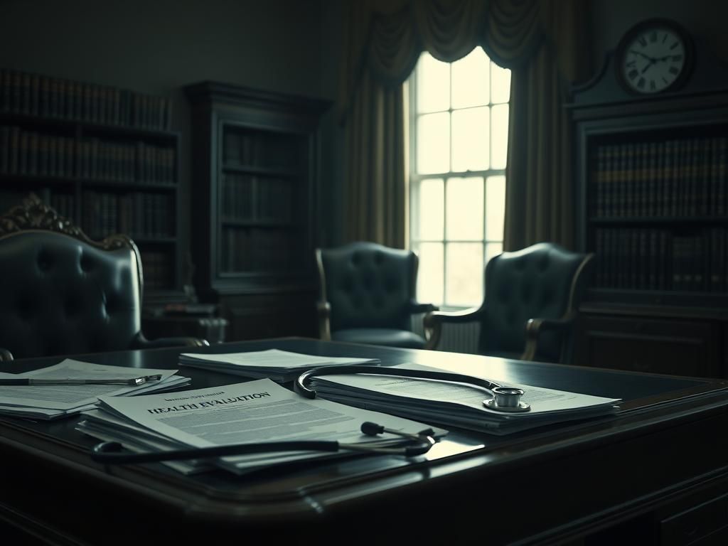 Flick International A dimly lit presidential office illustrating health scrutiny with medical reports and a stethoscope on an ornate desk