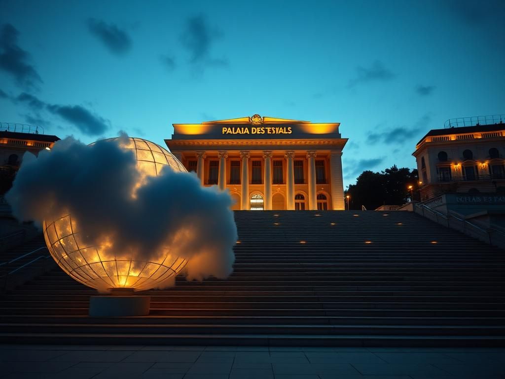Flick International An elegant view of the Palais des Festivals at Cannes during twilight, featuring symbolic elements related to migration.