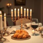 Flick International A beautifully set Shabbat table with challah, wine, and menorah, symbolizing family traditions