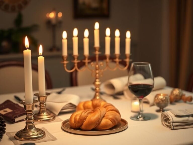 Flick International A beautifully set Shabbat table with challah, wine, and menorah, symbolizing family traditions