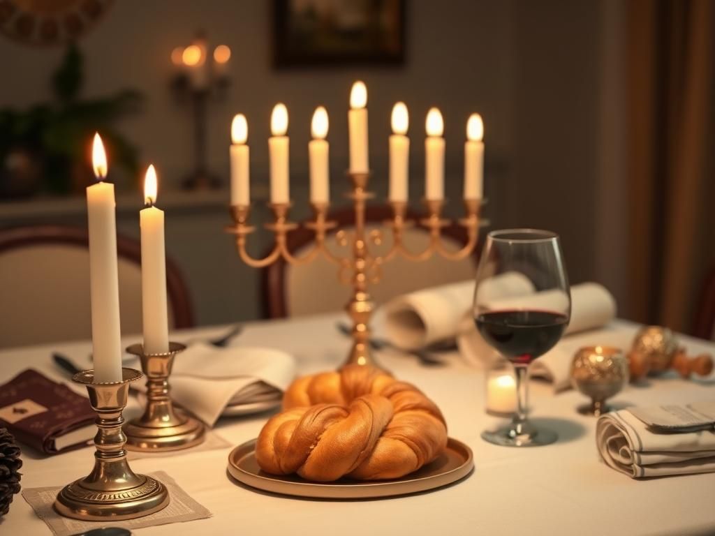 Flick International A beautifully set Shabbat table with challah, wine, and menorah, symbolizing family traditions