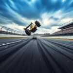 Flick International IndyCar driver Kyffin Simpson airborne during practice crash