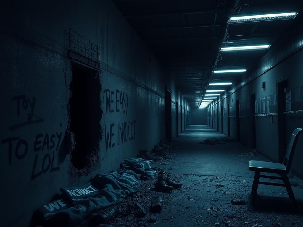 Flick International Dimly lit prison cell showing a large hole in the wall after a prison break