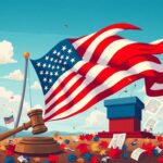 Flick International A dynamic illustration of American politics featuring a stylized American flag and symbolic elements of political discourse.
