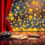 Flick International A vibrant abstract representation of Hollywood's glitz with a red velvet curtain and shimmering golden stars