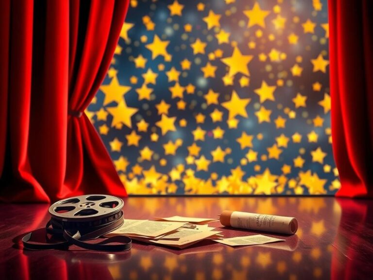 Flick International A vibrant abstract representation of Hollywood's glitz with a red velvet curtain and shimmering golden stars