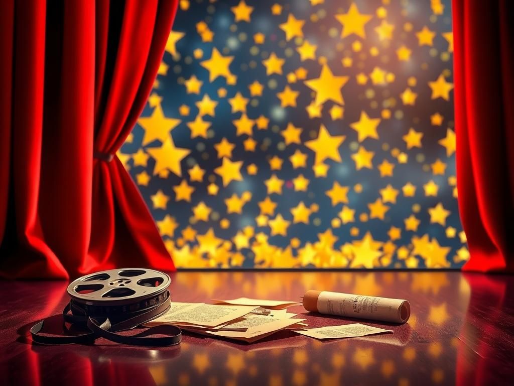 Flick International A vibrant abstract representation of Hollywood's glitz with a red velvet curtain and shimmering golden stars
