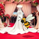Flick International Cartoonish bee hovering near elegant long white gown at Cannes Film Festival