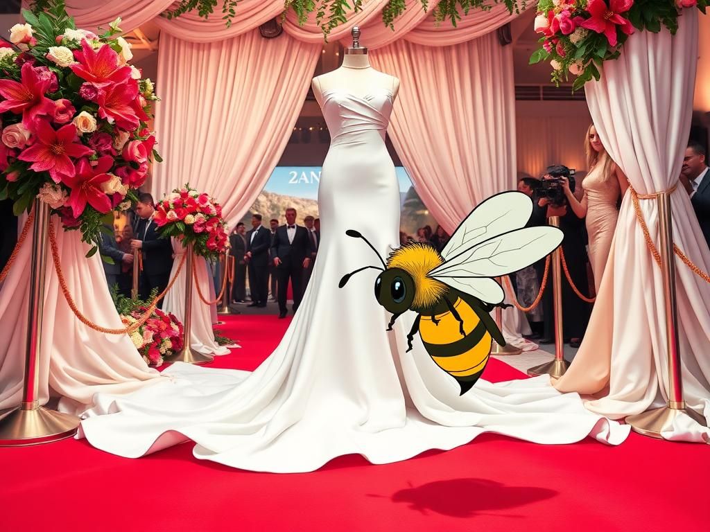 Flick International Cartoonish bee hovering near elegant long white gown at Cannes Film Festival