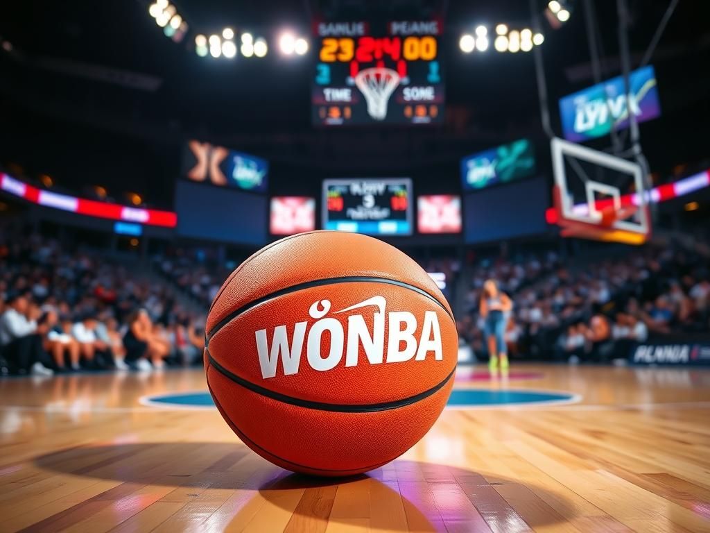 Flick International A basketball court scene at dusk with a polished basketball displaying the WNBA logo and cheering fans in the stands