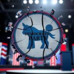 Flick International Abstract representation of a crumbling Democratic Party logo amidst fading campaign imagery