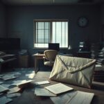 Flick International Dimly lit office room filled with scattered documents and classified files symbolizing hidden truths