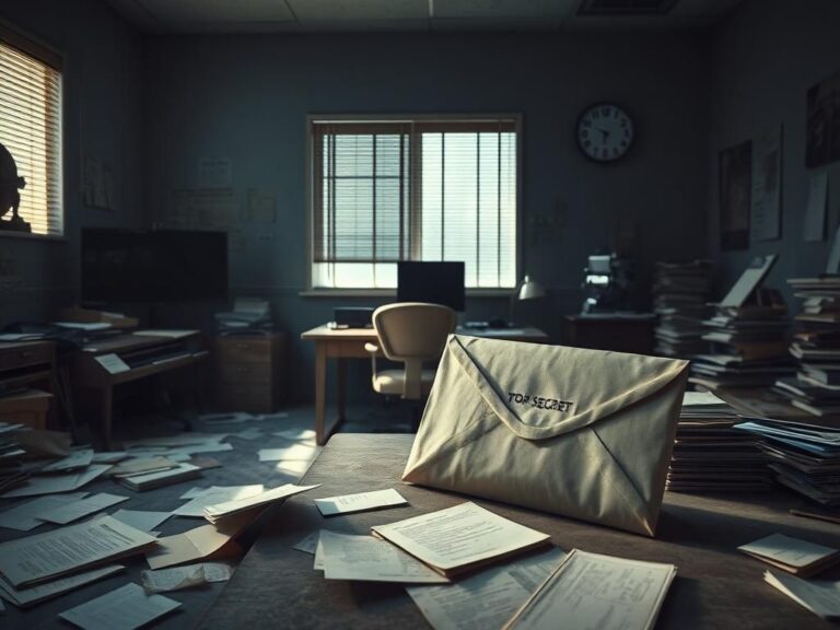 Flick International Dimly lit office room filled with scattered documents and classified files symbolizing hidden truths