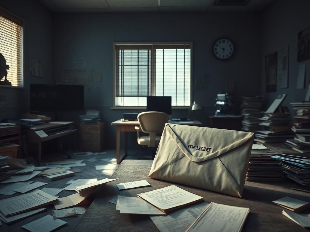 Flick International Dimly lit office room filled with scattered documents and classified files symbolizing hidden truths