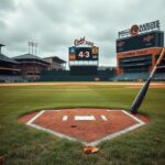 Flick International A moody, overcast baseball field at Camden Yards with the iconic warehouse in the background